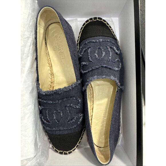 CHANEL logo denim espadrilles Size 39 Blue Black W/box - Picture 2 of 14